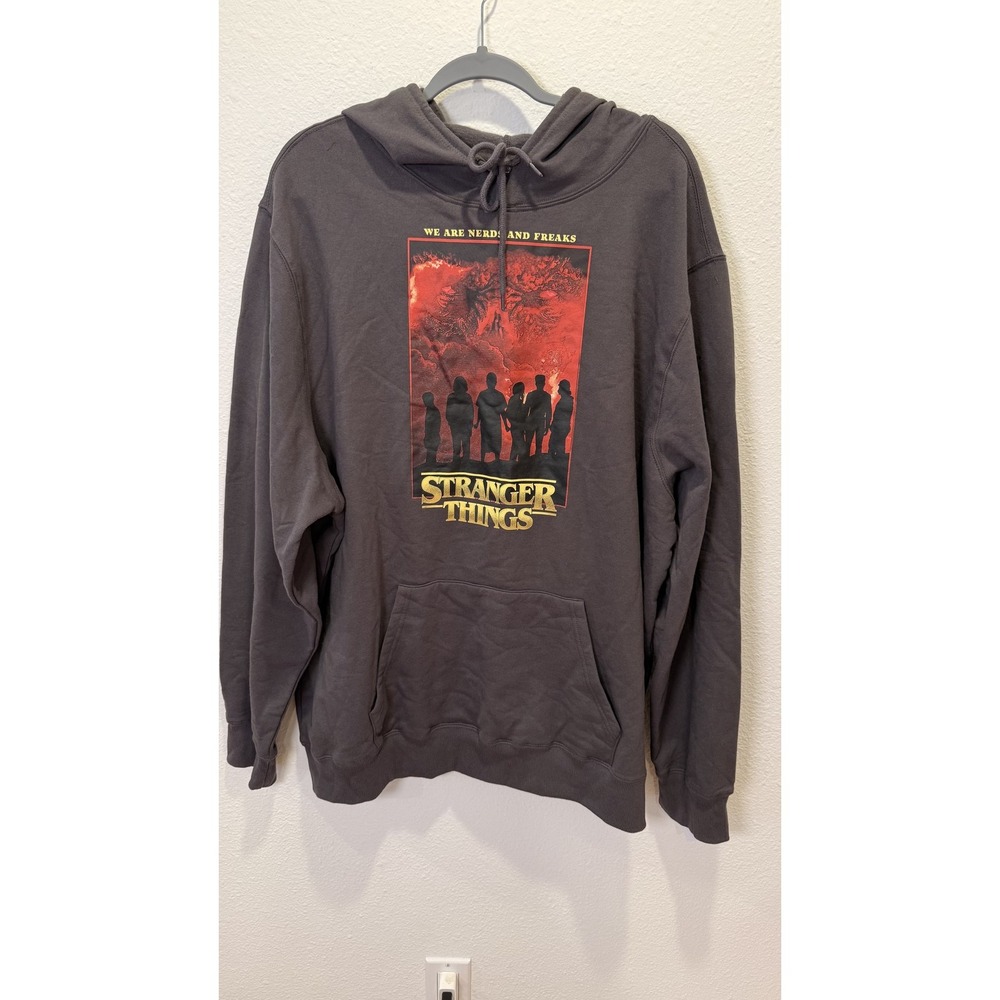 Stranger Things Hoodie Mens 2XL Black Pullover Fleece Sweatshirt Nerds Graphic